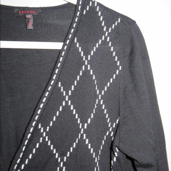 Escada Wool Cardigan Sweater Black and White Argyle Button Front V-Neck 38 - Picture 4 of 9
